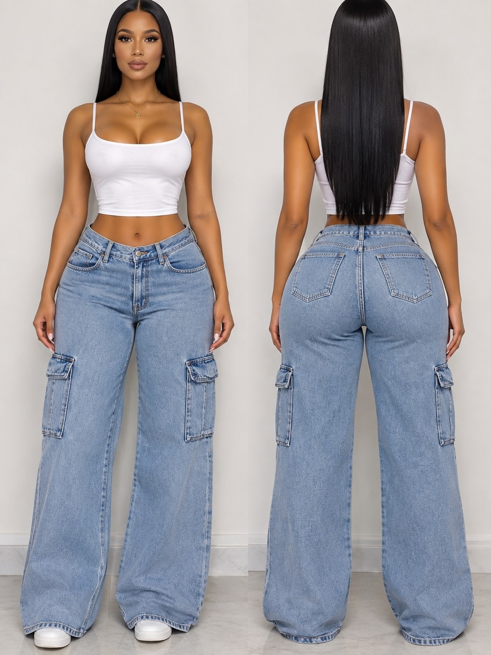 Old Navy Light Blue High-Rise Wide Leg Cargo Jeans